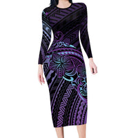 Teal Purple Polynesia Plumeria Tattoo Long Sleeve Bodycon Dress
