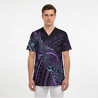 Teal Purple Polynesia Plumeria Tattoo Scrub Top