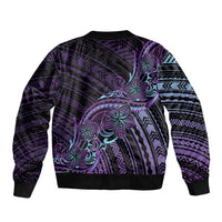 Teal Purple Polynesia Plumeria Tattoo Sleeve Zip Bomber Jacket