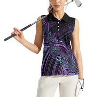 Teal Purple Polynesia Plumeria Tattoo Women Sleeveless Polo Shirt