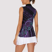 Teal Purple Polynesia Plumeria Tattoo Women Sleeveless Polo Shirt