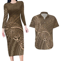 Brown Polynesia Plumeria Tattoo Couples Matching Long Sleeve Bodycon Dress and Hawaiian Shirt