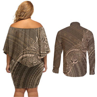 Brown Polynesia Plumeria Tattoo Couples Matching Off Shoulder Short Dress and Long Sleeve Button Shirt