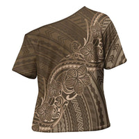 Brown Polynesia Plumeria Tattoo Cross Shoulder Shirt
