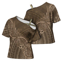 Brown Polynesia Plumeria Tattoo Cross Shoulder Shirt
