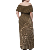 Brown Polynesia Plumeria Tattoo Family Matching Off Shoulder Maxi Dress and Hawaiian Shirt