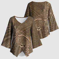 Brown Polynesia Plumeria Tattoo Kimono Sleeve Blouse