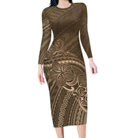 Brown Polynesia Plumeria Tattoo Long Sleeve Bodycon Dress
