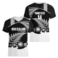 Custom New Zealand Silver Fern Petanque Women V-Neck T-Shirt Aotearoa Maori Pattern