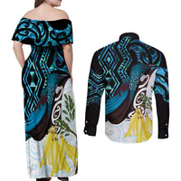 New Zealand Silver Fern Tui Bird Couples Matching Off Shoulder Maxi Dress and Long Sleeve Button Shirt Maori Kowhai Paua Shell Taniko Motifs LT14 - Polynesian Pride