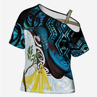 New Zealand Silver Fern Tui Bird Cross Shoulder Shirt Maori Kowhai Paua Shell Taniko Motifs - Polynesian Pride