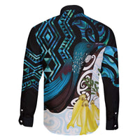 New Zealand Silver Fern Tui Bird Family Matching Off The Shoulder Long Sleeve Dress and Hawaiian Shirt Maori Kowhai Paua Shell Taniko Motifs LT14 - Polynesian Pride