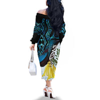 New Zealand Silver Fern Tui Bird Family Matching Off The Shoulder Long Sleeve Dress and Hawaiian Shirt Maori Kowhai Paua Shell Taniko Motifs LT14 - Polynesian Pride