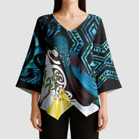 New Zealand Silver Fern Tui Bird Kimono Sleeve Blouse Maori Kowhai Paua Shell Taniko Motifs - Polynesian Pride