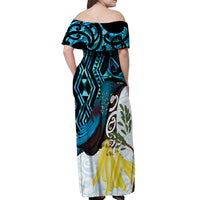 New Zealand Silver Fern Tui Bird Off Shoulder Maxi Dress Maori Kowhai Paua Shell Taniko Motifs LT14 - Polynesian Pride