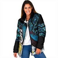 New Zealand Silver Fern Tui Bird Padded Jacket Maori Kowhai Paua Shell Taniko Motifs - Polynesian Pride