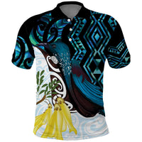 New Zealand Silver Fern Tui Bird Polo Shirt Maori Kowhai Paua Shell Taniko Motifs LT14 Turquoise - Polynesian Pride