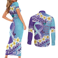 No Story Should End Too Soon Suicide Awareness Couples Matching Short Sleeve Bodycon Dress and Long Sleeve Button Shirt Purple And Teal Polynesian Ribbon