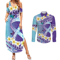 No Story Should End Too Soon Suicide Awareness Couples Matching Summer Maxi Dress and Long Sleeve Button Shirt Purple And Teal Polynesian Ribbon