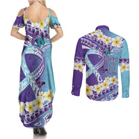 No Story Should End Too Soon Suicide Awareness Couples Matching Summer Maxi Dress and Long Sleeve Button Shirt Purple And Teal Polynesian Ribbon LT14 - Polynesian Pride