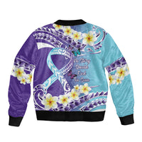No Story Should End Too Soon Suicide Awareness Sleeve Zip Bomber Jacket Purple And Teal Polynesian Ribbon