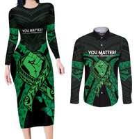 ADHD Awareness Month You Matter Couples Matching Long Sleeve Bodycon Dress and Long Sleeve Button Shirt Green Polynesian Ribbon