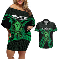 ADHD Awareness Month You Matter Couples Matching Off Shoulder Short Dress and Hawaiian Shirt Green Polynesian Ribbon LT14 Green - Polynesian Pride