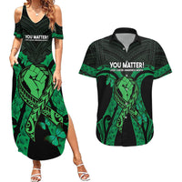 ADHD Awareness Month You Matter Couples Matching Summer Maxi Dress and Hawaiian Shirt Green Polynesian Ribbon LT14 Green - Polynesian Pride