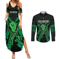 ADHD Awareness Month You Matter Couples Matching Summer Maxi Dress and Long Sleeve Button Shirt Green Polynesian Ribbon LT14 Green - Polynesian Pride