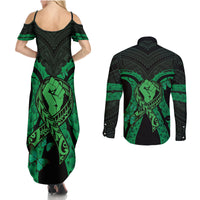 ADHD Awareness Month You Matter Couples Matching Summer Maxi Dress and Long Sleeve Button Shirt Green Polynesian Ribbon LT14 - Polynesian Pride