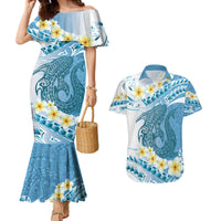 Blue Hawaii Shark Tattoo Couples Matching Mermaid Dress and Hawaiian Shirt Frangipani With Polynesian Pastel Version LT14 Blue - Polynesian Pride