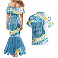 Blue Hawaii Shark Tattoo Couples Matching Mermaid Dress and Hawaiian Shirt Frangipani With Polynesian Pastel Version LT14 - Polynesian Pride
