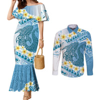 Blue Hawaii Shark Tattoo Couples Matching Mermaid Dress and Long Sleeve Button Shirt Frangipani With Polynesian Pastel Version LT14 Blue - Polynesian Pride