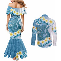 Blue Hawaii Shark Tattoo Couples Matching Mermaid Dress and Long Sleeve Button Shirt Frangipani With Polynesian Pastel Version LT14 - Polynesian Pride