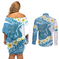 Blue Hawaii Shark Tattoo Couples Matching Off Shoulder Short Dress and Long Sleeve Button Shirt Frangipani With Polynesian Pastel Version