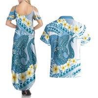 Blue Hawaii Shark Tattoo Couples Matching Summer Maxi Dress and Hawaiian Shirt Frangipani With Polynesian Pastel Version LT14 - Polynesian Pride