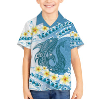Blue Hawaii Shark Tattoo Family Matching Long Sleeve Bodycon Dress and Hawaiian Shirt Frangipani With Polynesian Pastel Version LT14 Son's Shirt Blue - Polynesian Pride