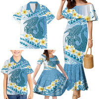 Blue Hawaii Shark Tattoo Family Matching Mermaid Dress and Hawaiian Shirt Frangipani With Polynesian Pastel Version LT14 - Polynesian Pride