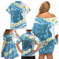 Blue Hawaii Shark Tattoo Family Matching Off Shoulder Short Dress and Hawaiian Shirt Frangipani With Polynesian Pastel Version