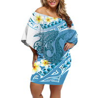 Blue Hawaii Shark Tattoo Family Matching Off Shoulder Short Dress and Hawaiian Shirt Frangipani With Polynesian Pastel Version