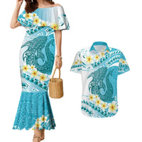 Turquoise Hawaii Shark Tattoo Couples Matching Mermaid Dress and Hawaiian Shirt Frangipani With Polynesian Pastel Version LT14 Turquoise - Polynesian Pride