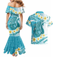 Turquoise Hawaii Shark Tattoo Couples Matching Mermaid Dress and Hawaiian Shirt Frangipani With Polynesian Pastel Version LT14 - Polynesian Pride