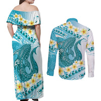 Turquoise Hawaii Shark Tattoo Couples Matching Off Shoulder Maxi Dress and Long Sleeve Button Shirt Frangipani With Polynesian Pastel Version LT14 - Polynesian Pride