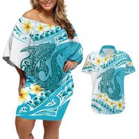 Turquoise Hawaii Shark Tattoo Couples Matching Off Shoulder Short Dress and Hawaiian Shirt Frangipani With Polynesian Pastel Version LT14 Turquoise - Polynesian Pride