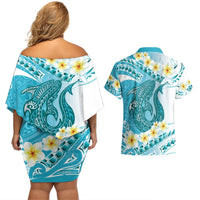 Turquoise Hawaii Shark Tattoo Couples Matching Off Shoulder Short Dress and Hawaiian Shirt Frangipani With Polynesian Pastel Version LT14 - Polynesian Pride