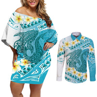 Turquoise Hawaii Shark Tattoo Couples Matching Off Shoulder Short Dress and Long Sleeve Button Shirt Frangipani With Polynesian Pastel Version LT14 Turquoise - Polynesian Pride