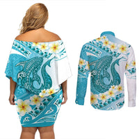 Turquoise Hawaii Shark Tattoo Couples Matching Off Shoulder Short Dress and Long Sleeve Button Shirt Frangipani With Polynesian Pastel Version LT14 - Polynesian Pride