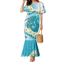 Turquoise Hawaii Shark Tattoo Family Matching Mermaid Dress and Hawaiian Shirt Frangipani With Polynesian Pastel Version