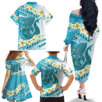 Turquoise Hawaii Shark Tattoo Family Matching Off The Shoulder Long Sleeve Dress and Hawaiian Shirt Frangipani With Polynesian Pastel Version