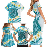Turquoise Hawaii Shark Tattoo Family Matching Short Sleeve Bodycon Dress and Hawaiian Shirt Frangipani With Polynesian Pastel Version
